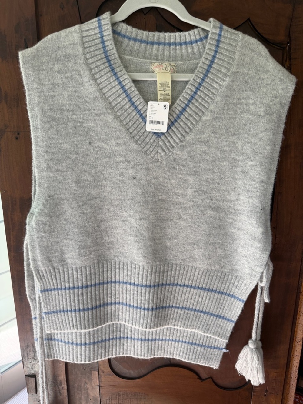 Free People Grey V-Neck Sweater Vest with Blue Stripe Accents